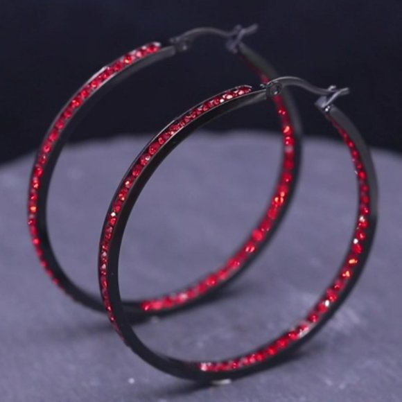Black Metal Bright Red Crystal Channel Hoops Rhinestone Hoop Earrings Sparkling - Picture 2 of 6